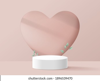White podium with the Heart wall. Valentines day. Minimal design. 3d vector illustration
