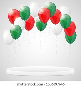 White podium with hellium balloons. Design template. Vector illustration.
