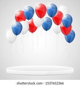 White podium with hellium balloons. Design template. Vector illustration.