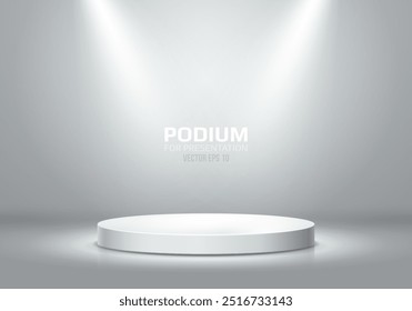 Podio blanco iluminado por focos sobre fondo claro. Pedestal vacío para la ceremonia de premiación o presentación. Ilustración vectorial.