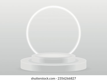 white podium isolated on white. Realistic white 3D cylinder pedestal podium set. Minimal scene for products stage showcase, promotion display. Vector geometric forms in shadow.