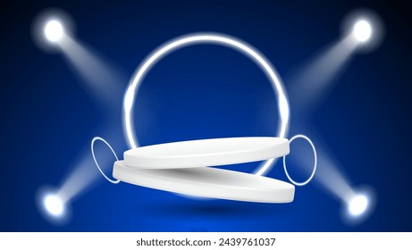 white podium with light on blue background. vector illustration