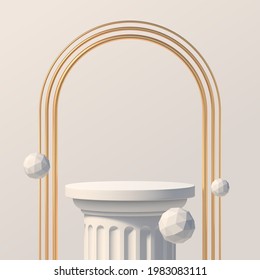 White podium like a classic column for product presentation. Podium stage with golden arches and white faceted spheres. Minimal scene with podium, Vector illustration.