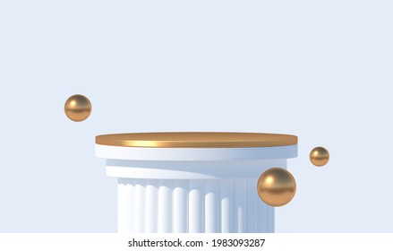 White podium like a classic column for product presentation. Podium stage with golden platform and spheres. Minimal scene with podium, Vector illustration.