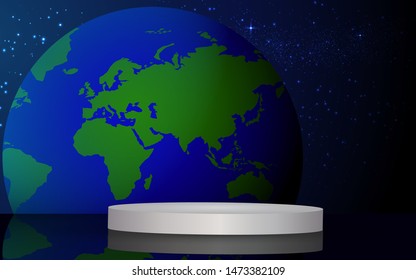 white podium with map world background in the studio room