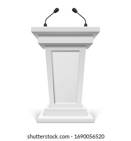 White podium with microphone or pulpit with mic, speech tribute or stand, rostrum. Conference stage speaker marble device. Press and debate, journalism and politics, public interview and media.