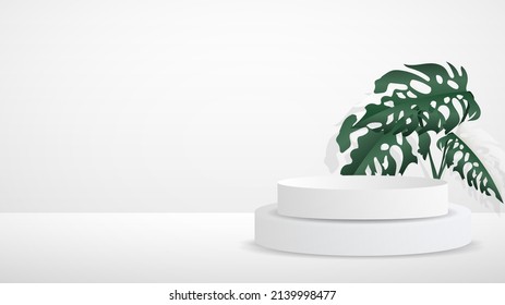 Podio blanco mínimo con hoja de monstera sobre fondo blanco con espacio de copia , producto de visualización de podio estadio 3D , soporte para mostrar productos cosméticos ,ilustración 3d Vector EPS 10