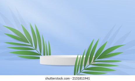 White Podium minimal with  palm left on blue background , 3D stage podium display product , stand to show cosmetic products ,illustration 3d Vector EPS 10