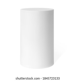 White podium mockup cylinder shape isolated on white background vector illustration. Pedestal, stage or platform for product presentation with empty space for display