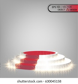 The white podium is multilevel on a transparent background with a red path and spotlighting the spotlights. The vector illustration of the eps 10.