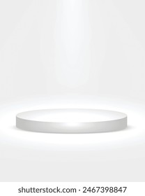 White podium on white background. Platform illuminated by spotlight. 3D Illustration. Empty pedestal for award ceremony. Vector illustration. Realistic  platform, podium.