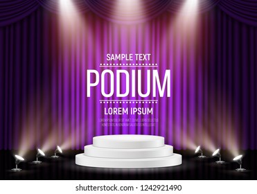 White podium on background of the purple curtain. Empty pedestal for award ceremony. Platform illuminated by spotlights. Vector illustration.