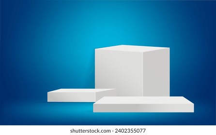 White podium on blue background. 3D illustration. Vector design.