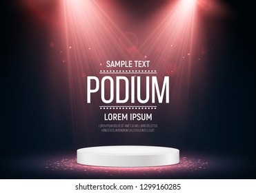 White podium on bright background. Empty pedestal for award ceremony. Platform illuminated by spotlights. Vector illustration.