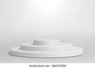 Podio blanco sobre fondo gris. Ilustración vectorial realista. Velador blanco redondo para maquetas.