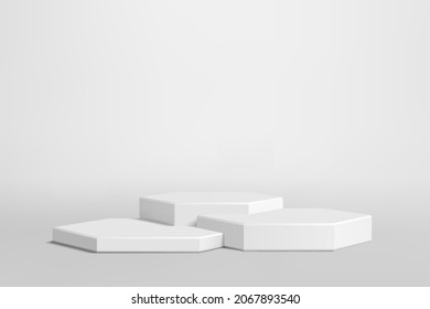 White podium on gray background. Realistic vector illustration. White round pedestal for mockups.
