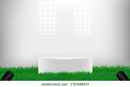 white podium on green grass with spotlight in the studio room