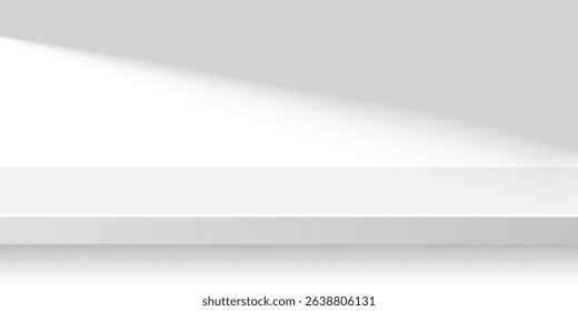 White podium on limbo background. Minimalist gray podium with soft shadow on white wall for product display, advertising, photo. Modern abstract vector illustration.