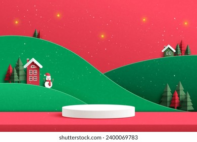 Podium blanco sobre un paisaje invernal mínimo decorado con árboles de navidad, estrellas y muñecos de nieve. Feliz Navidad y Feliz Año Nuevo. Ilustración vectorial de arte de papel.