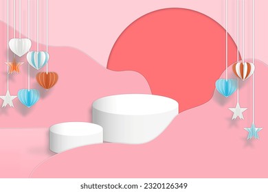 White podium on pink background paper cut style.

