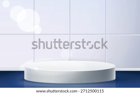 White podium on shiny table against ceramic tile backdrop for beauty product display. Bathroom interior. Exhibition platform stage. Cosmetic stand. Kitchen cylinder showcase stand. Vector background
