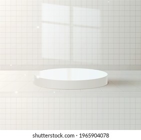 White podium on a wall background with ceramic tiles. A place to present your product. Vector illustration.