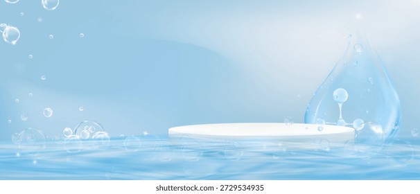 Podio blanco en la superficie del agua con fondo azul, burbujas y estructura molecular para cosméticos, cuidado de la piel, hidratación, presentaciones de fondo de exhibición de productos de belleza, gota de agua clara y maqueta de soporte vacío