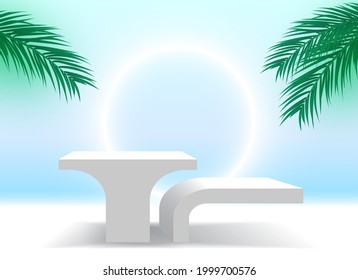 White podium with palm leaves and glowing ring. Pedestal. Cosmetic products display platform. 3d render stage. Exhibition stand. Vector illustration.
