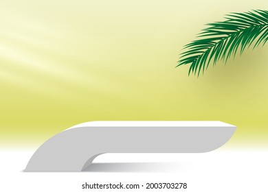 White podium with palm leaves and light. Pedestal. Cosmetic products display platform. 3d render stage. Exhibition stand. Vector illustration.