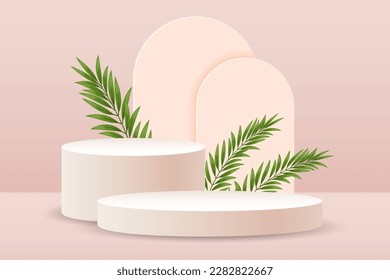 White podium with palm leaves for the presentation of products on a delicate pink background. 3D illustration, vector