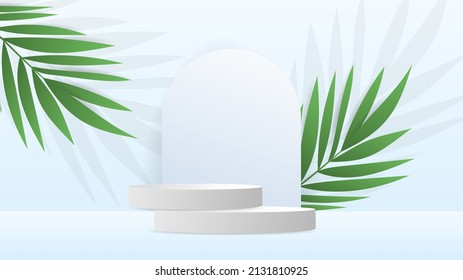 White Podium with palm left on white background , 3D stage podium display product , stand to show cosmetic products ,illustration 3d Vector EPS 10