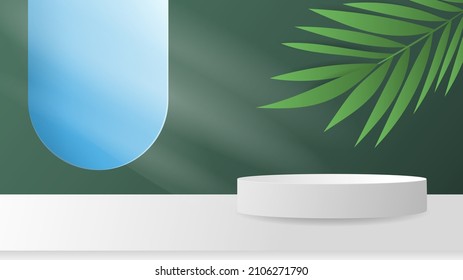 White Podium with palm left and windows minimal on green background , 3D stage podium display product , stand to show cosmetic products ,illustration 3d Vector EPS 10