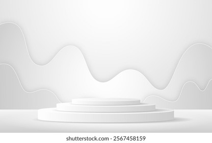 White podium with white Paper cut on the back for product presentation. Display of cosmetic products. Stage or podium. vector illustration	