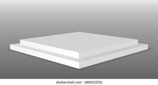 White podium. Pedestal platform or showroom stand. White studio stage platform