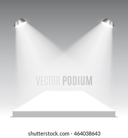 White podium. Pedestal. Scene. Spotlight. 3D. Vector illustration.