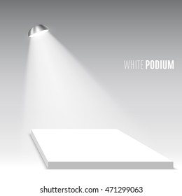 White podium. Pedestal. Scene. Spotlight. 3D. Vector illustration.