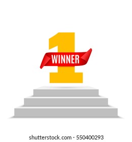 White podium. Pedestal. Winner. First place. Red ribbon. Vector illustration.