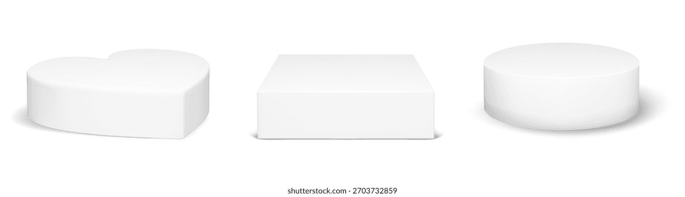 Plataforma blanca del podio fijada con el corazón 3D, el círculo y la forma del cubo para la exhibición del escaparate del producto. Pedestal cilíndrico redondo y caja cuadrada en estilo minimalista. Vector de representación de estudio aislado.