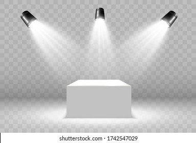 White podium or platform with spotlights. A pedestal for rewarding the winners.