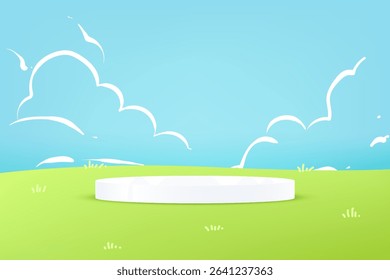 White podium platform surrounded by lush green grass under a clear blue sky space for selling products, backdrop, wallpaper, background, text. Vector illustration.