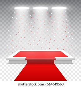 White Podium With Red Carpet And Confetti On Transparent Background. Stage For Awards Ceremony. Spotlight. Vector Illustration.