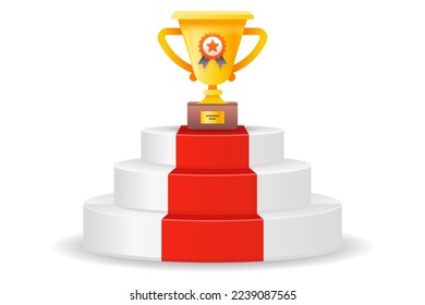 white podium with red carpet and golden cup. flat vector illustration.