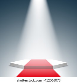 White podium with red carpet. Pedestal. Scene. Spotlight. Vector illustration.
