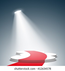 White podium with red carpet. Pedestal. Scene. Spotlight. Vector illustration.