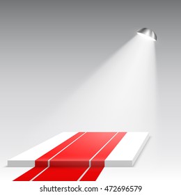 White podium with red carpet. Pedestal. Scene. Spotlight. 3D. Vector illustration.