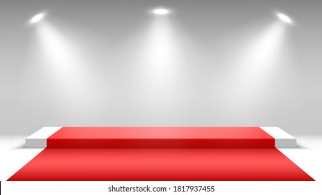 White podium with red carpet and spotlights. Blank pedestal. Stage for awards ceremony. Vector illustration.