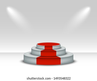 white podium with red carpet. winner pedestal with lighting on white background. podium scene with red carpet for award ceremony. Vector illustration
