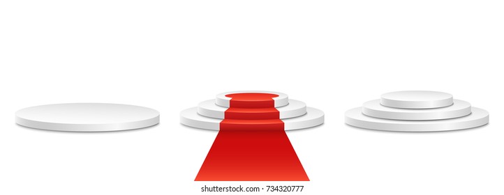 White podium with a red carpet. The winner is in first place. Bright white light from searchlights. Light pedestal. Festive event. Vector illustration
