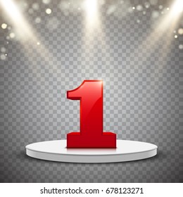 White podium with red number one and glowing light effect, vector design