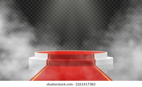 White podium with red path on dark background with smoke. Empty pedestal for award ceremony. Platform illuminated by spotlights. Realistic 3d Vector illustration.